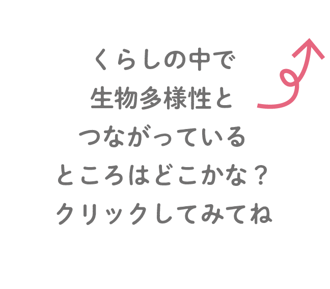 くらしの中で生物多様性とつがっているところはどこかな？クリックしてみてね